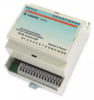 The DCM200M module of 20 discrete and counting inputs and 0 outputs is designed to control discrete sensors and count impulses from energy meters.